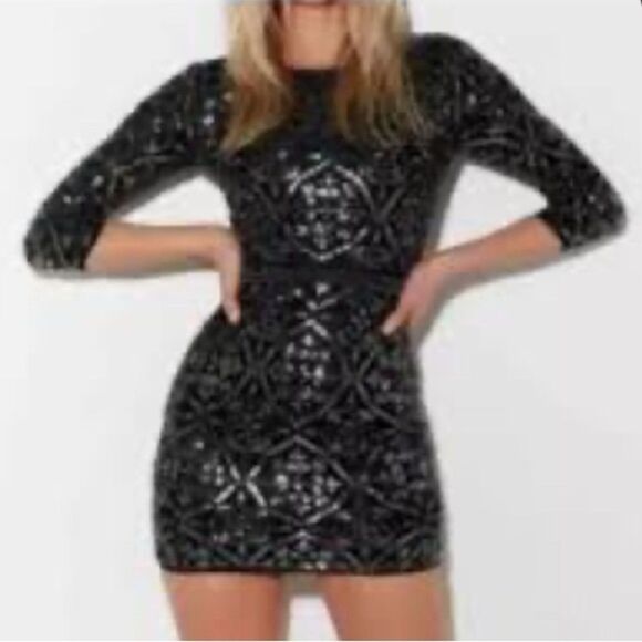 Lulu’s Bright‎ Night Black Beaded Sequin Bodycon Dress sz S - Picture 3 of 10